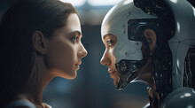 An Image Of A Woman And A Robot Looking At Each Other, Generative AI