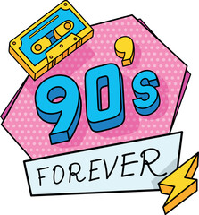 90s forever pop art groovy design poster with audio cassette and lightning isometric vector