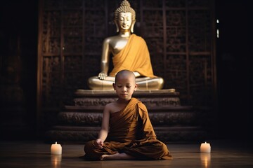 Wall Mural - Novices in the temple sit in meditation. Behind is a large Buddha image.