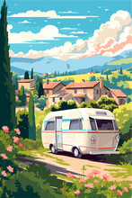 Vector RV Motorhome Road Trip In European French Village Illustration Concept. Retro Poster For Van Life, Vacation, Landscape. Background Art