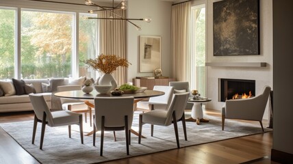 Interior design inspiration of Transitional Contemporary style home dining room loveliness decorated with Stone and Metal material and Fireplace .Generative AI home interior design .