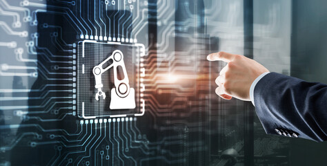 Wall Mural - man clicking on a virtual screen: automation software innovation technology. business process optimi