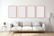 © nuruddean - Blank horizontal poster frame mock up in living room interior, Modern living room interior background. Generated AI