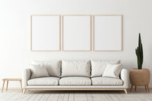 Blank Horizontal Poster Frame Mock Up In Living Room Interior, Modern Living Room Interior Background. Generated AI