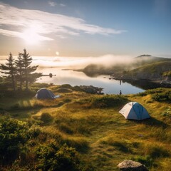 Camping and tent under the pine forest near the lake with beautiful sunlight in the morning. Generative ai