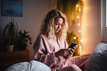 Young woman using smartphone at home. Student girl texting on mobile phone in her room. Communication, home work or study, connection, mobile apps, technology, lifestyle concept.