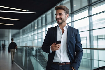 A handsome businessman with phone in the office.