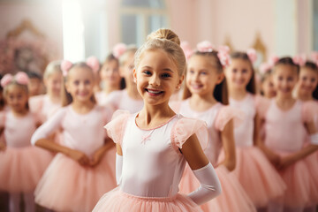 girl wearing pink tutu skirt and having fun ballet class with girls on the background ballet class.