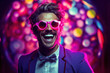 © AI_images - man smiling with glasses and purple backgrounds, in the style of neo.