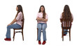 © curto - side, front and back view of same woman sitting on chair on white background