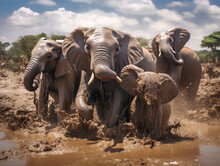 Elephants At A Watering Hole, Playfully Spraying Mud On Their Backs To Cool Off And Protect Their Skin From The Sun