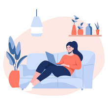 Flat Vector Illustration. Cute Girl Lying On A Couch And Working In Laptop. Home Interior. Concept Of Work At Home, Freelancing, Maternity Leave . Vector Illustration