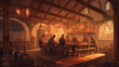Medieval tavern at sunset - Illustration featuring generative AI