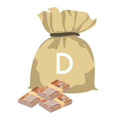 Gambian Dalasi Vector Illustration. The Gambia money set bundle banknotes. Money bag 200 GMD. Flat style. Isolated on white background. Simple minimal design.