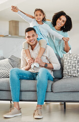 Wall Mural - Portrait, smile and family on sofa in home living room, bonding and relax together. Interracial, happy and father, mother and child, girl or kid in piggyback, play game and quality time in house.