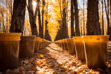 Wall Mural -  Maple Syrup Farm With Tapped Trees, Generative AI