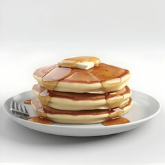 Wall Mural - Stack of pancakes with maple syrup on a plate isolated on white background
