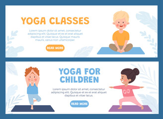  Flyers set tamplate girls and boys in yoga poses, vector cartoon happy little kids doing exercise and meditation