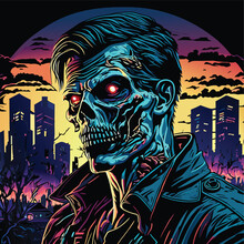 Zombie Portrait With City Background, Vector Illustration.