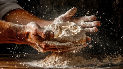 Splashes of flour, male hands knead the dough. Prepare bread and pastries. Dark background, space for text
