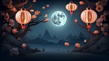 Mid Autumn Festival Chinese Lantern, Cherry Blossoms, And Full Moon. Modern Style Design. Concept For Traditional Asian Holiday Card, Poster, Banner. Generative AI