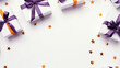 canvas print picture - Geschenke Box mit Schleifen in lila Farbton schön dekoriert als Druckvorlag und Werbemittel mit Platzhalter, ai generativ