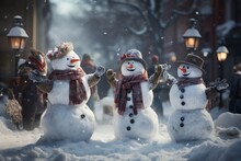 A Collection Of Snowmen Engaged In Funny Activities, Like Having Snowball Fights Or Wearing Quirky Accessories, Making For A Charming And Amusing Scene. Generative AI
