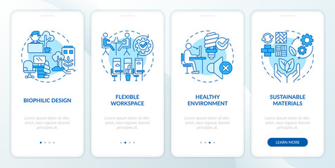 2D blue thin line icons representing sustainable office mobile app screen set. 4 steps graphic instructions, UI, UX, GUI template.