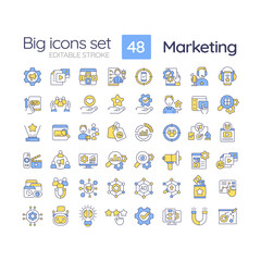 Poster - Marketing RGB color icons set. Business strategy. Brand development. Advertising campaign. Profit growth. Isolated vector illustrations. Simple filled line drawings collection. Editable stroke