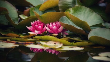 Poster - Water Lilies and Leaves in a Pond