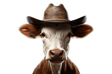 Wall Mural - Mafia Cow or bullock farm wearing cowboy hat and sunglasses portrait looking at camera isolated on clear png background, funny moment, Farmland animals concept, with Generative Ai.