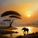 Fototapeta Zwierzęta - elephant in a sunset