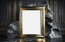 Gold Frame In Dark Modern Interior Mockup. Generative Ai