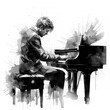 Pianist man in black tailcoat watercolor illustration. Expressive romantic pianist man plays piano isolated on white