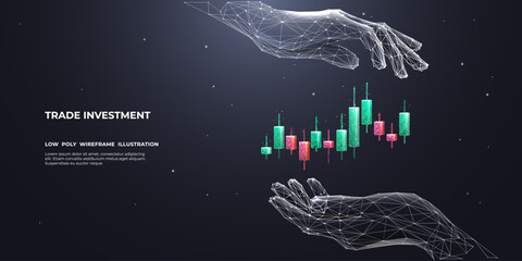 Leinwandbilder - Stock Market and Investment Concept. Abstract Human Hand Holding Colored Candlestick. Protection of Graph Chart on Technological Background. Low Poly Wireframe Vector Illustration with 3D Effect.