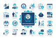 Employee Benefits icon set. Insurance, Paid Vacation, Pension, Social Security, Meal Breaks, Bonuses, Career, Sick Leave. Duotone color solid icons