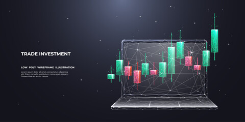 Leinwandbilder - Trade investment concept. Stock market candlestick in polygonal wireframe style. Digital graph chart on laptop screen. Abstract 3D vector illustration on dark technological background.