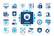 © Genestro - Security icon set. Password, Fingerprint, Firewall, detector, Security Camera, Hacker, Cyber Security. Duotone color solid icons