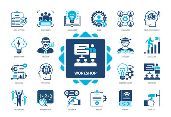 Workshop icon set. Theory, Practice, Goal Setting, Explanation, Challenge, Mentor, Motivation. Editable stroke icons EPS