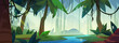 © klyaksun - Tropical forest landscape with river. Vector cartoon illustration of jungle wood with exotic green plants, sunlight beams, liana vines on tree branches above blue water. Adventure game background