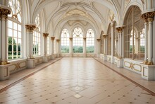 A Bright Hall Offering A Surrounding View And Boasting A European-style Interior Adorned With Lavish White And Gold Decor. Photorealistic Illustration
