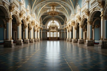 A European-style hall showcasing an interior featuring a blend of white, gold, and light blue elements, creating an atmosphere of elegance. Photorealistic illustration