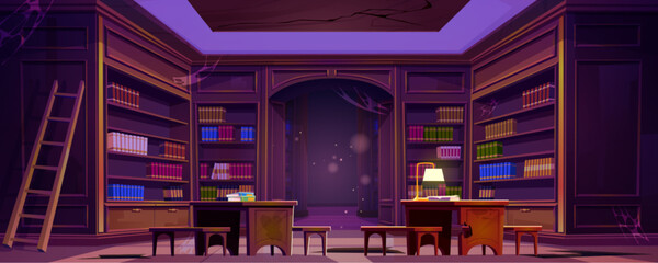 Abandoned library with old books on dusty shelves and working desks with lamps. Vector cartoon illustration of large room with bookshelves and walls covered with cobweb. Haunted archive interior