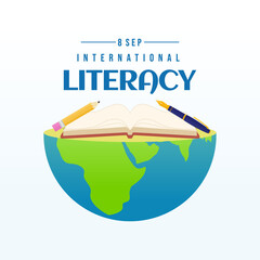 Wall Mural - International literacy day banner with open book, ink pen and pencil on earth globe for literacy day international celebration education background.