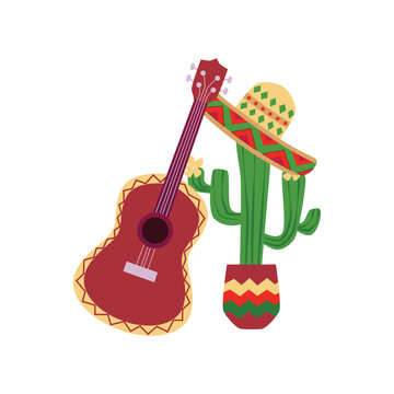Wall Mural -  - Green cactus in pot decorated sombrero hat and guitar, national Mexican traditional symbols flat vector illustration