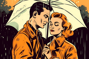 Beautiful young couple walking in the autumn rain, retro post-card in pop-art style colorful illustration. Generative AI