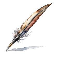 Old Retro Quill Feather Pen, PNG Clipart Image, Vintage Painted Watercolor Art, Generative AI
