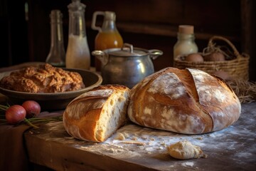 freshly baked artisan bread on rustic wooden table