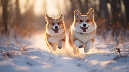 Two cute corgi dogs running in a beautiful snow winter landscape