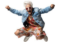 Full Body Of An Elderly Woman Jumping For Joy On A Transparent Background. AI
